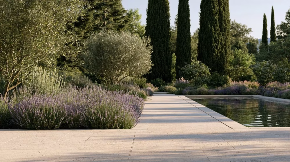 Terrasse de piscine en pierre avec circulation dégagée et plantations méditerranéennes en retrait en Provence