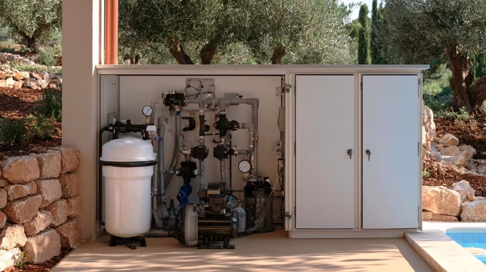 Local technique de piscine propre avec filtre, manomètre et tuyauterie correctement installés