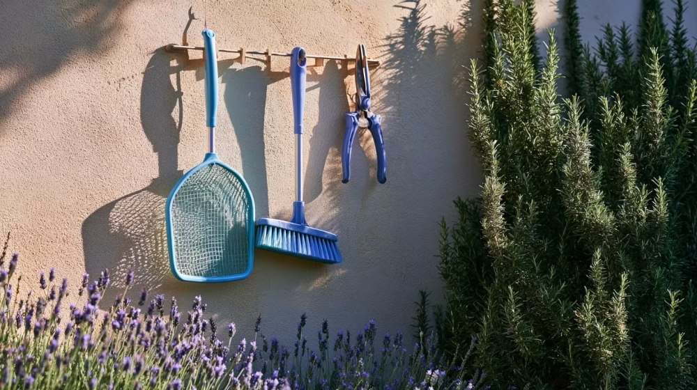 Épuisette, brosse de piscine et sécateur rangés proprement près d’un massif méditerranéen
