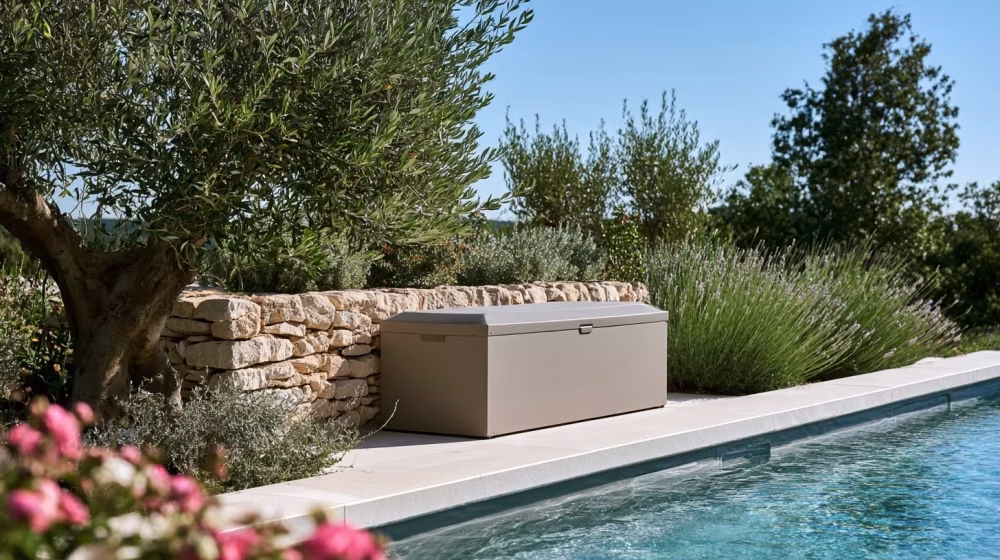 Coffre de rangement fermé près d’une piscine avec accessoires de jardin rangés en sécurité