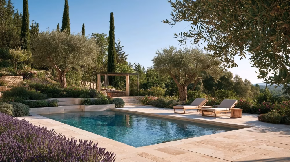 Terrasse en pierre et piscine dans un jardin provençal paysagé