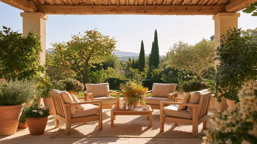 Salon de terrasse ombragé avec fauteuils en bois, coussins neutres et pots en terre cuite