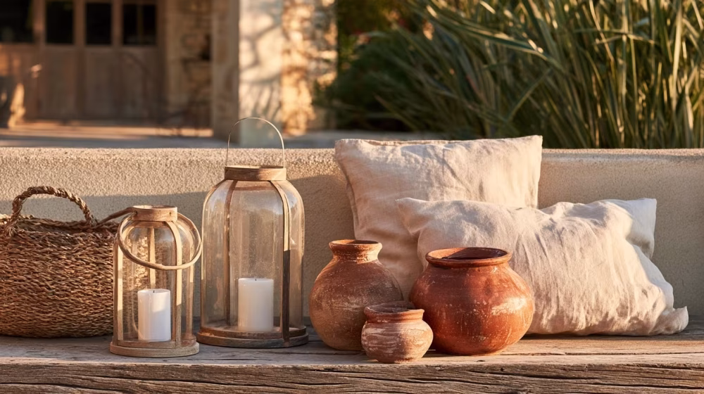 Lanternes, coussins en lin et céramiques sur une terrasse provençale cosy
