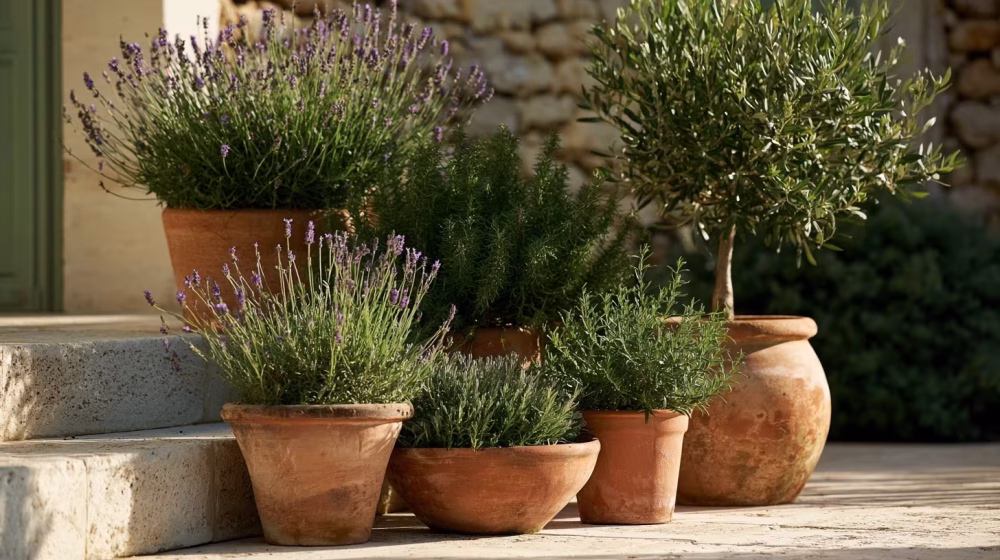Lavande, romarin et olivier en pots autour d’une terrasse provençale