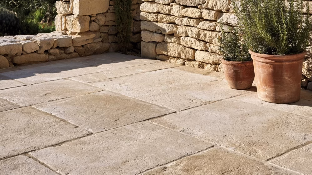 Dallage en pierre claire et muret ancien sur une terrasse provençale authentique