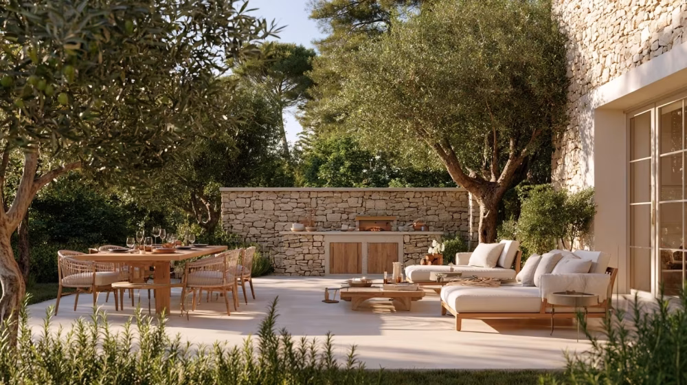 Espace repas et salon de détente bien organisés sur une terrasse provençale