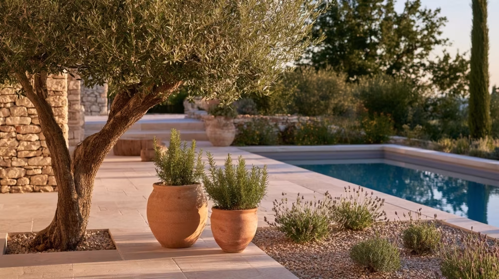 Terrasse en pierre, olivier et pots en terre cuite autour d’une piscine dans un jardin provençal