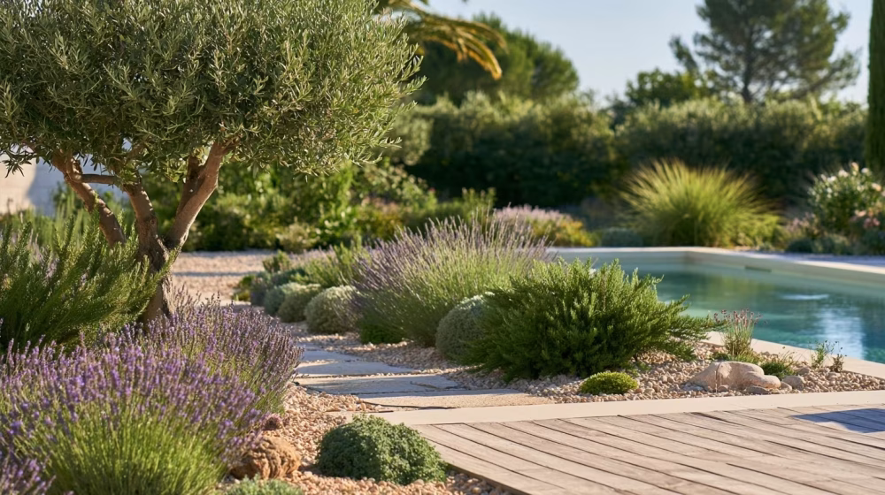 Lavande romarin et olivier autour d’une piscine en Provence