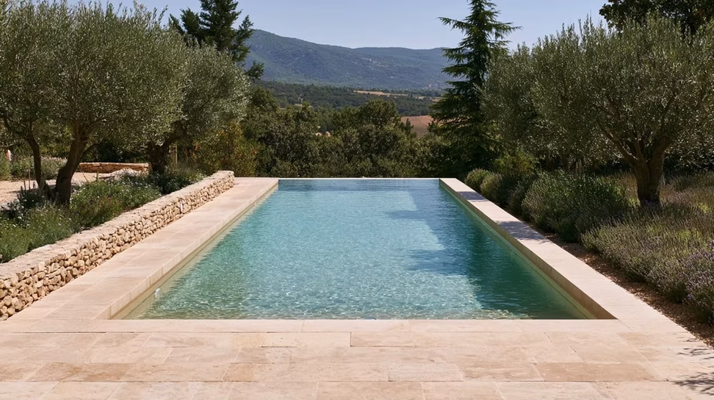 Terrasse en pierre et cheminement dégagé autour d’une piscine dans un jardin méditerranéen
