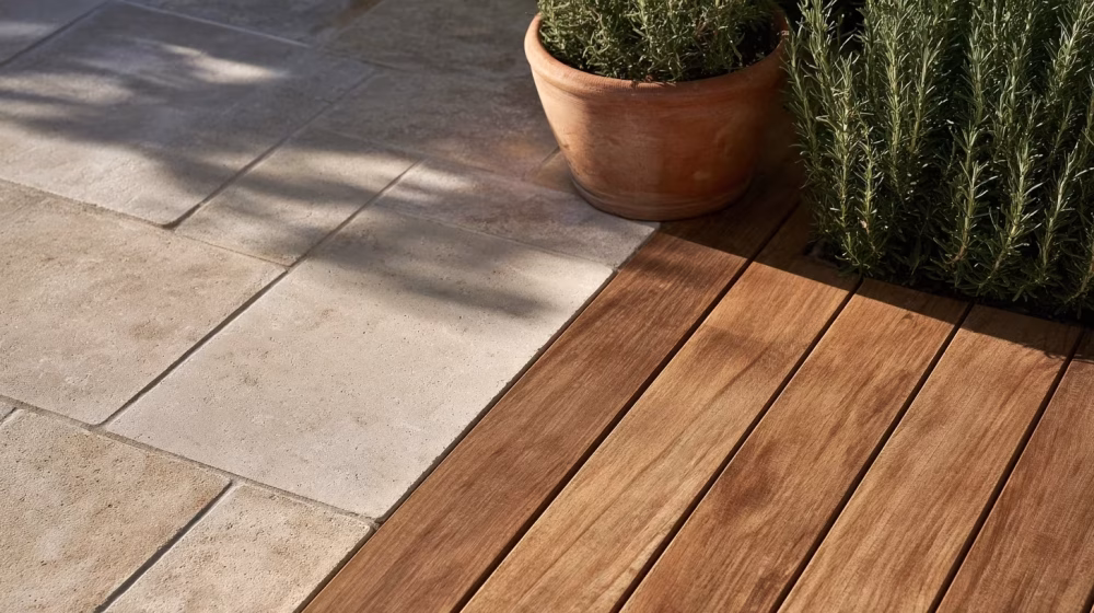 Détail de dallage en pierre claire et lames de bois sur une terrasse méditerranéenne