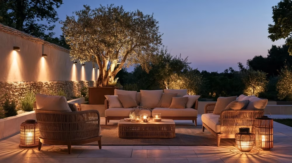 Salon de jardin confortable éclairé le soir sur une terrasse près d’Avignon