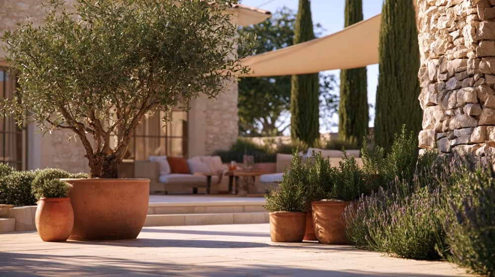 Terrasse ombragée avec voile et plantes résistantes à la chaleur dans le secteur d’Avignon