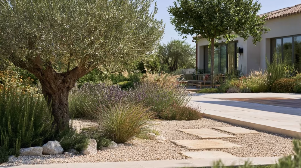 Massif de lavandes, graminées et olivier bordant une terrasse paysagée près d’Avignon