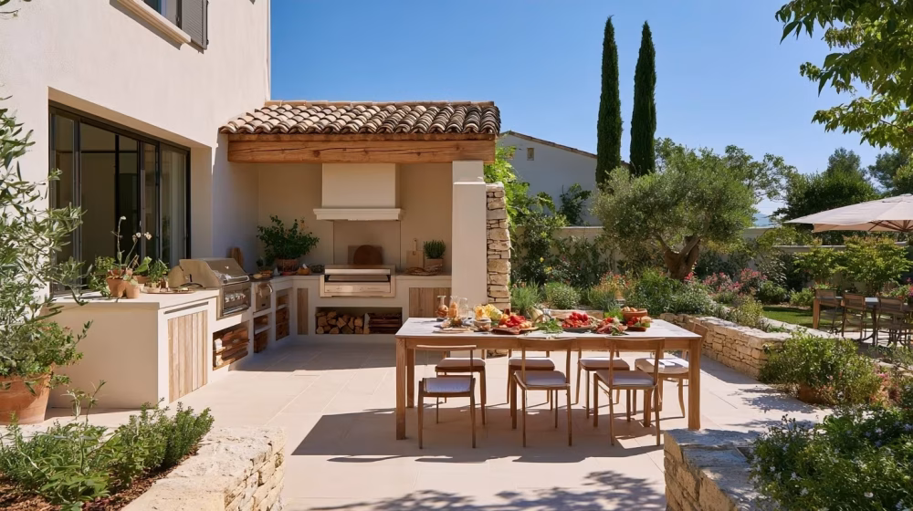 Terrasse contemporaine avec cuisine extérieure et vue sur un jardin provençal près d’Avignon