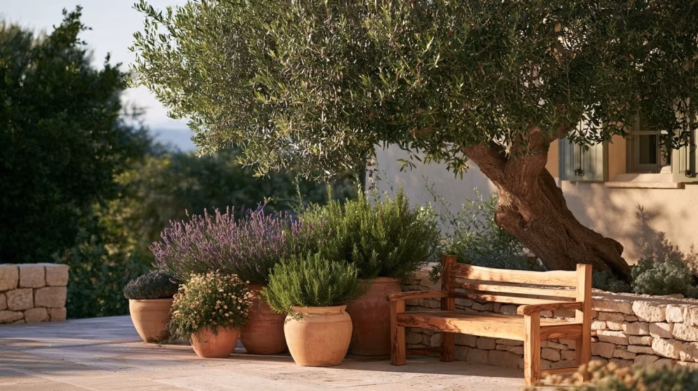 Terrasse provençale aménagée avec un banc en bois d’olivier, lavande et romarin