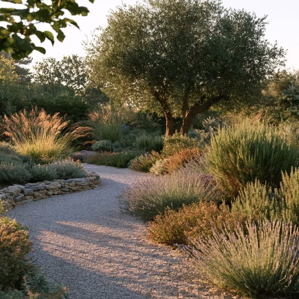 Chemin de gravier dans un jardin naturel provençal avec olivier et plantes méditerranéennes