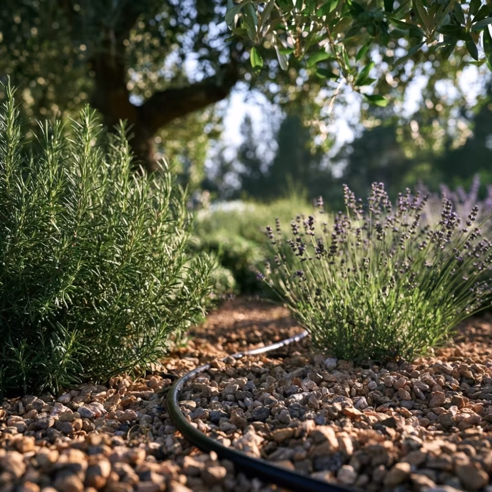 Tuyau de goutte-à-goutte dans un jardin méditerranéen pour économiser l'eau