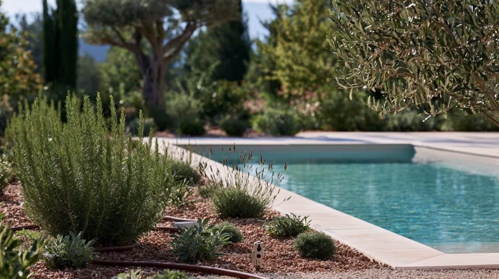Romarin et olivier autour d’une piscine dans un jardin méditerranéen