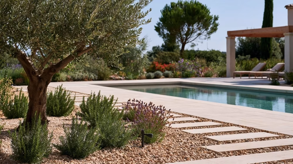 Jardin méditerranéen avec olivier et plantes sobres en eau près d’une piscine