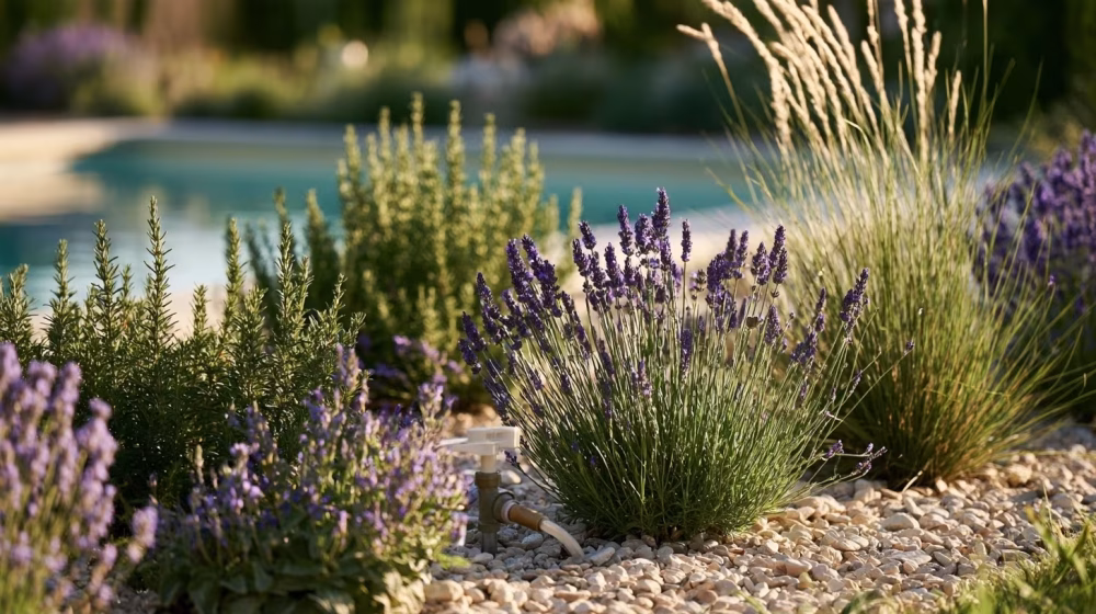Goutte-à-goutte au pied de lavandes dans un jardin avec piscine en Provence
