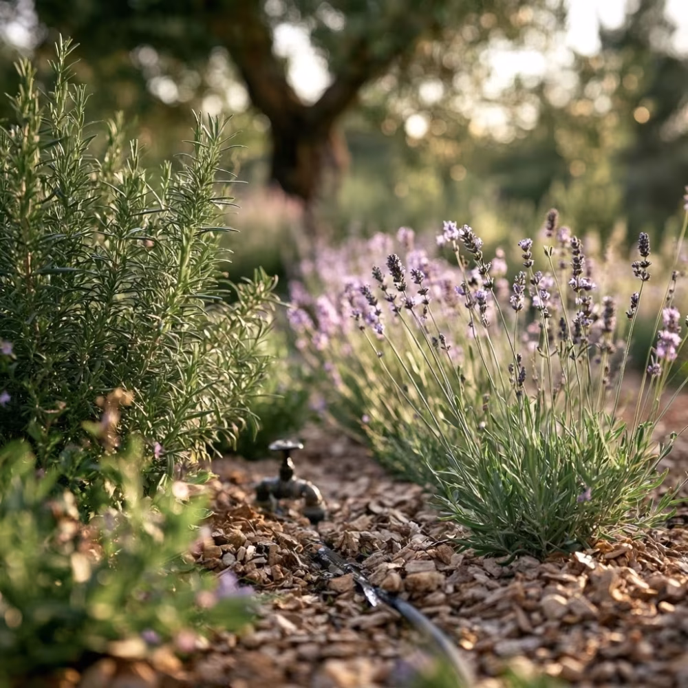Tuyau de goutte-à-goutte au pied de lavandes paillées dans un jardin provençal