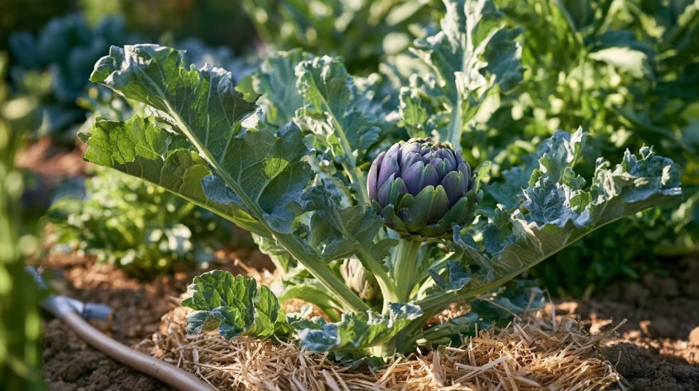 Artichaut sain paillé et arrosé au pied dans un potager de Provence