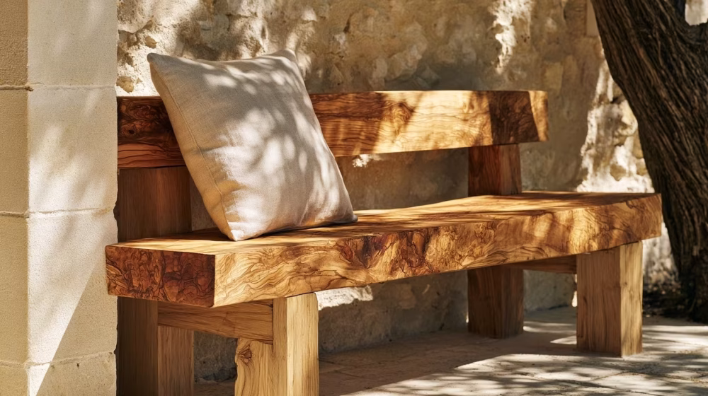 Banc artisanal en bois d’olivier sur une terrasse provençale ombragée