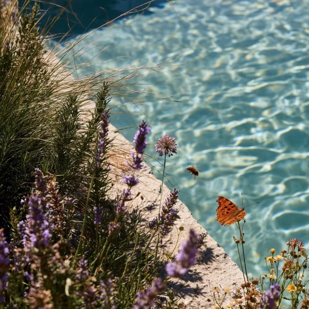 Papillon parmi les fleurs méditerranéennes au bord d’une piscine en Provence