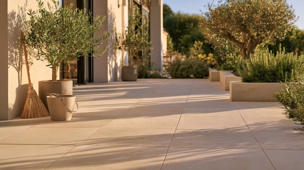 Terrasse en carrelage clair propre avec balai souple et seau discret près de plantes méditerranéennes