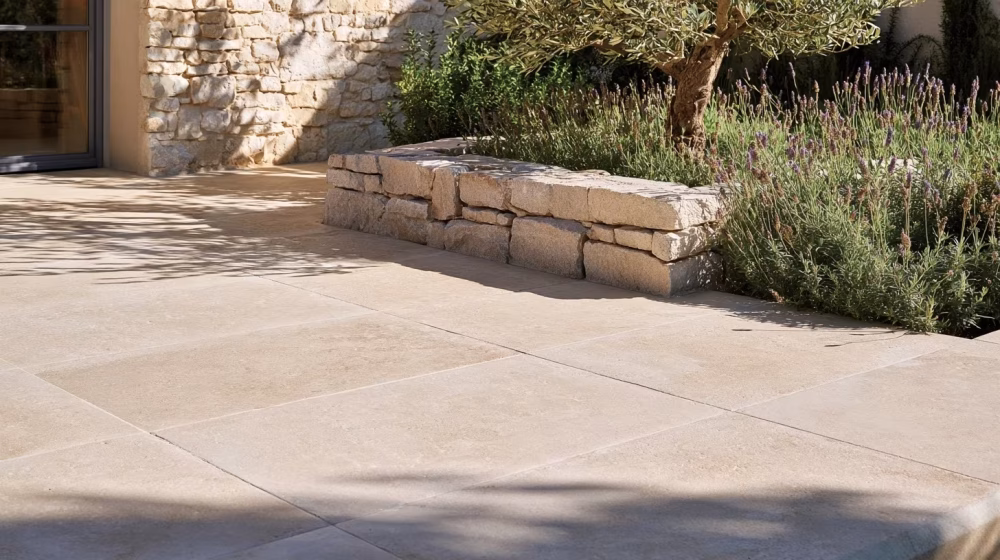 Grandes dalles de grès cérame clair sur une terrasse provençale en plein soleil