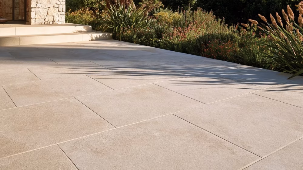 Dalles de terrasse correctement jointoyées avec pente discrète vers un jardin méditerranéen