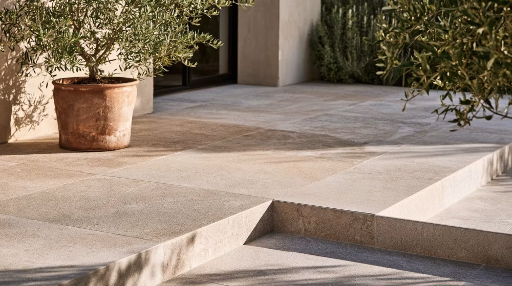 Nuancier naturel de dalles de terrasse beige sable et gris clair à finition mate