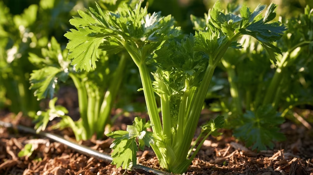 Plants de céleri arrosés au goutte-à-goutte dans une terre paillée