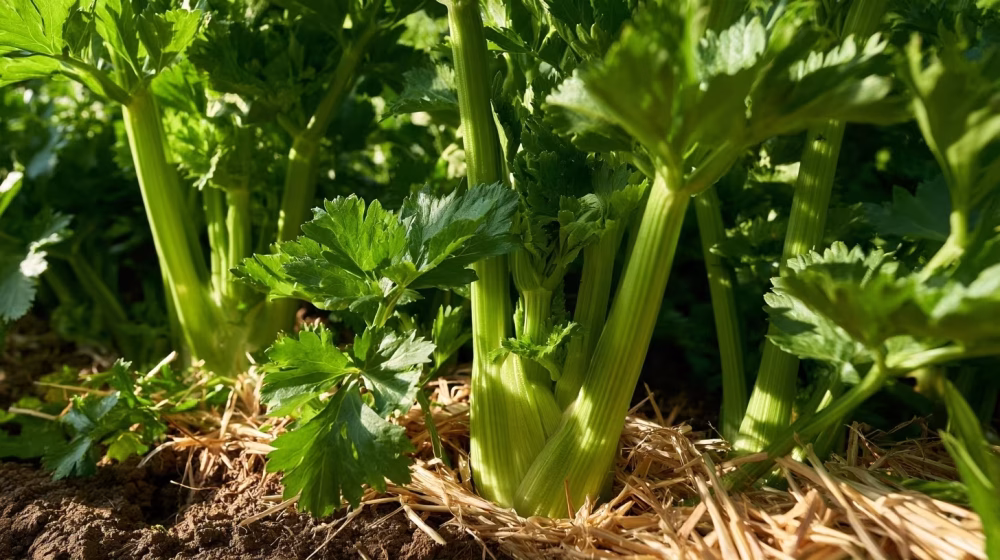 Céleri entouré d’un paillage organique dans un potager provençal