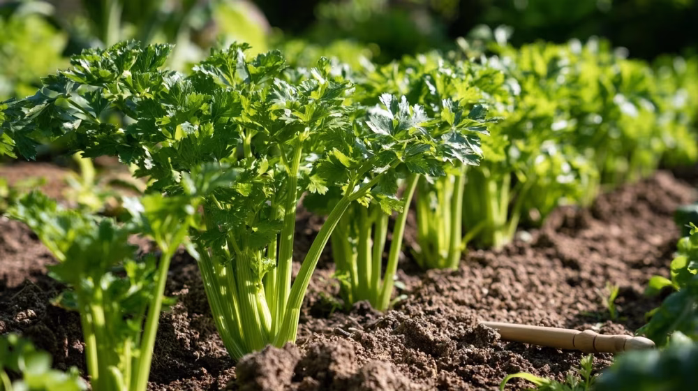Rang de céleri correctement espacé dans une terre ameublie de potager