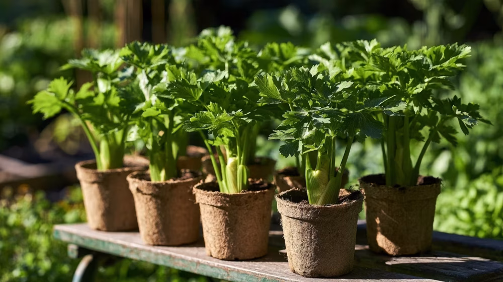 Jeunes plants de céleri aux tiges nervurées dans une pépinière de potager