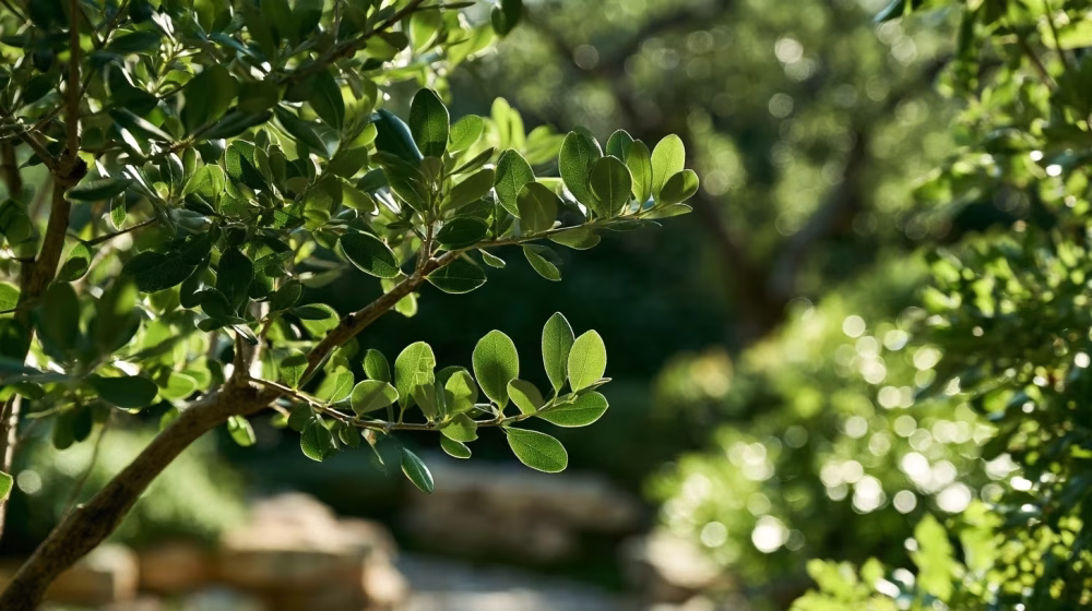Gros plan sur le feuillage sain et persistant d’un chêne vert dans un jardin de Provence