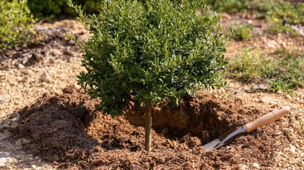 Jeune chêne vert aux feuilles coriaces près d’un trou de plantation dans un jardin méditerranéen