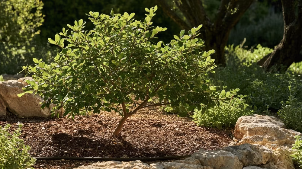 Jeune chêne vert planté en plein soleil dans un sol calcaire drainé et paillé