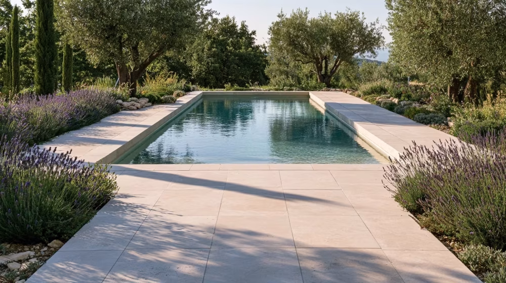 Allée en pierre claire autour d’une piscine rectangulaire en Provence