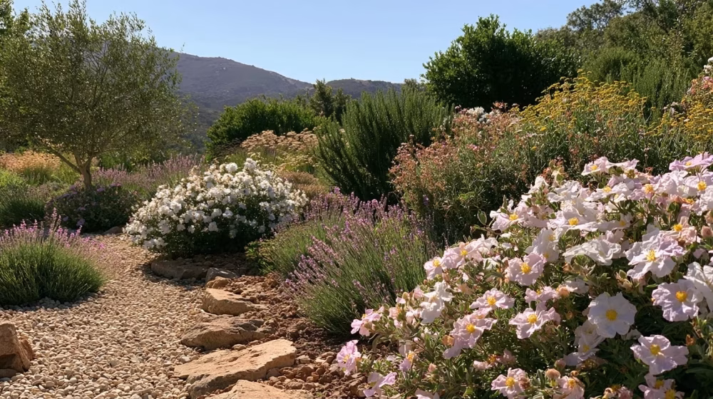 Cistes associés à la lavande et au romarin dans un jardin méditerranéen