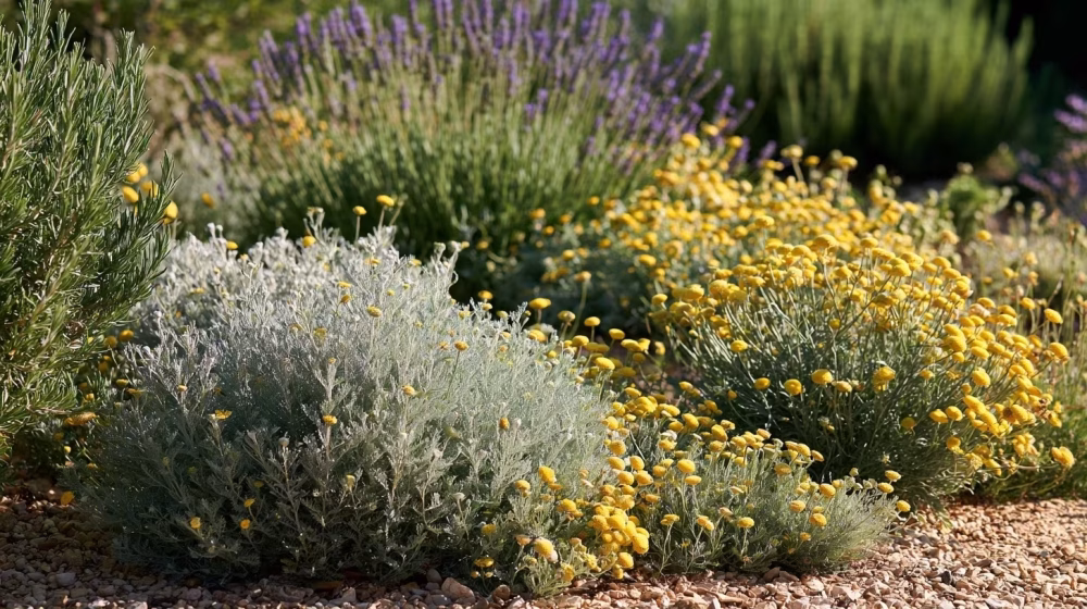 Santolines argentées sur paillage minéral dans un jardin sec de Provence