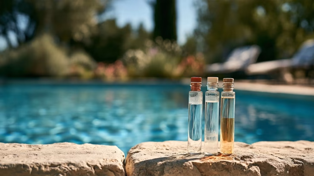 Kit d’analyse de l’eau sans marque posé près d’une piscine provençale