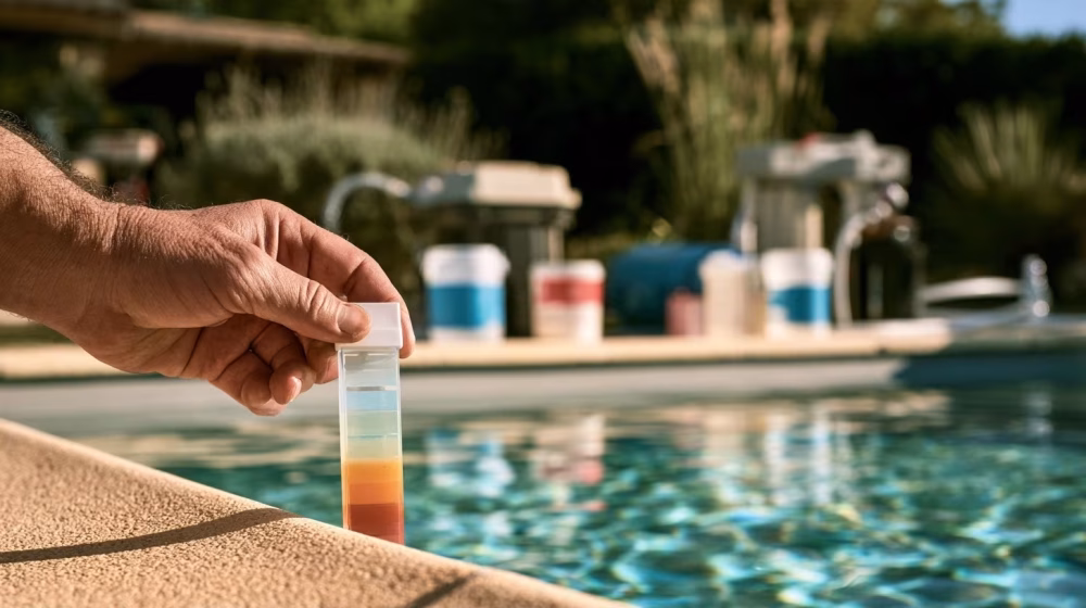 Main adulte utilisant un testeur d’eau près d’une piscine claire