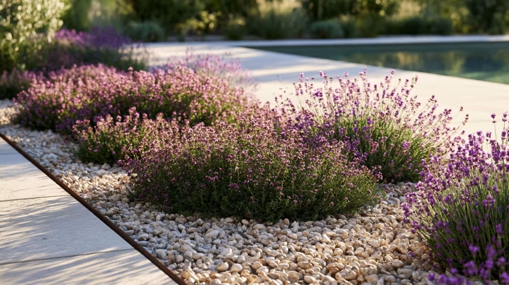 Couvre-sol dense, paillage minéral et bordure nette dans un massif de jardin près d’une piscine