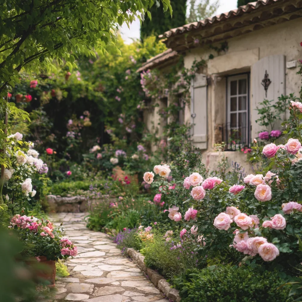 Projet jardin fleuri roses allée pierre