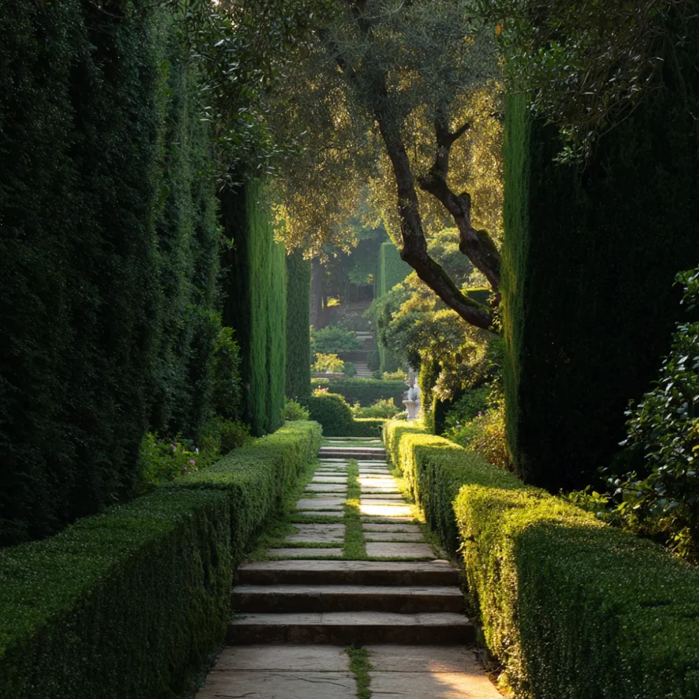 Allée jardin haies taillées chemin pierre