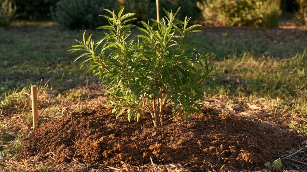 Jeune amandier Prunus dulcis planté dans un sol drainant à Salon-de-Provence