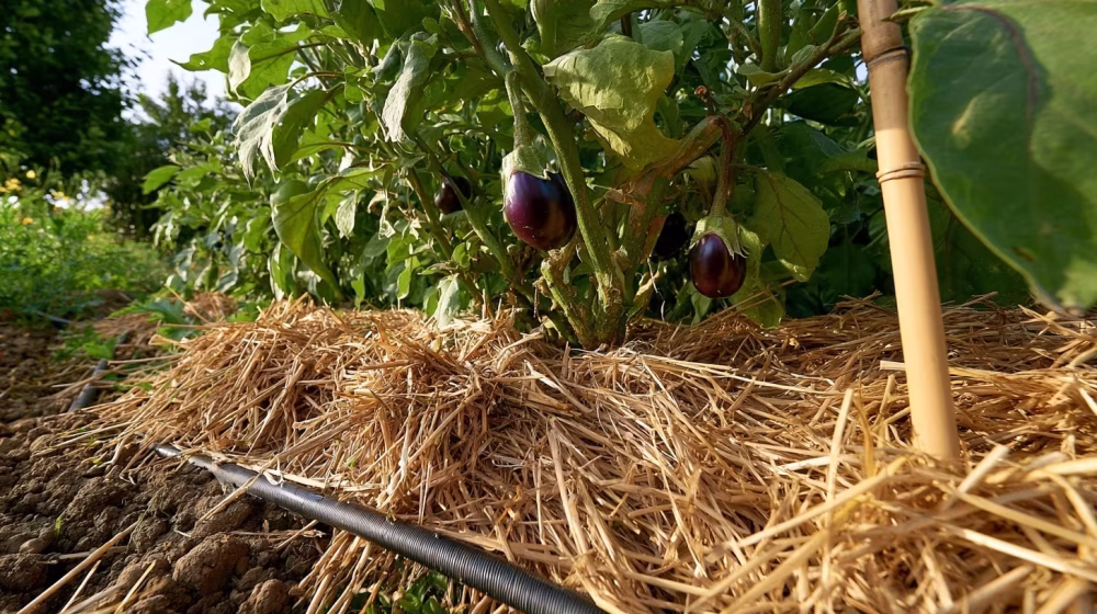 Plant d’aubergine paillé et arrosé au pied dans un potager provençal