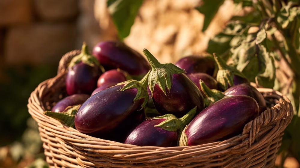 Aubergines violettes brillantes fraîchement récoltées dans un panier au jardin